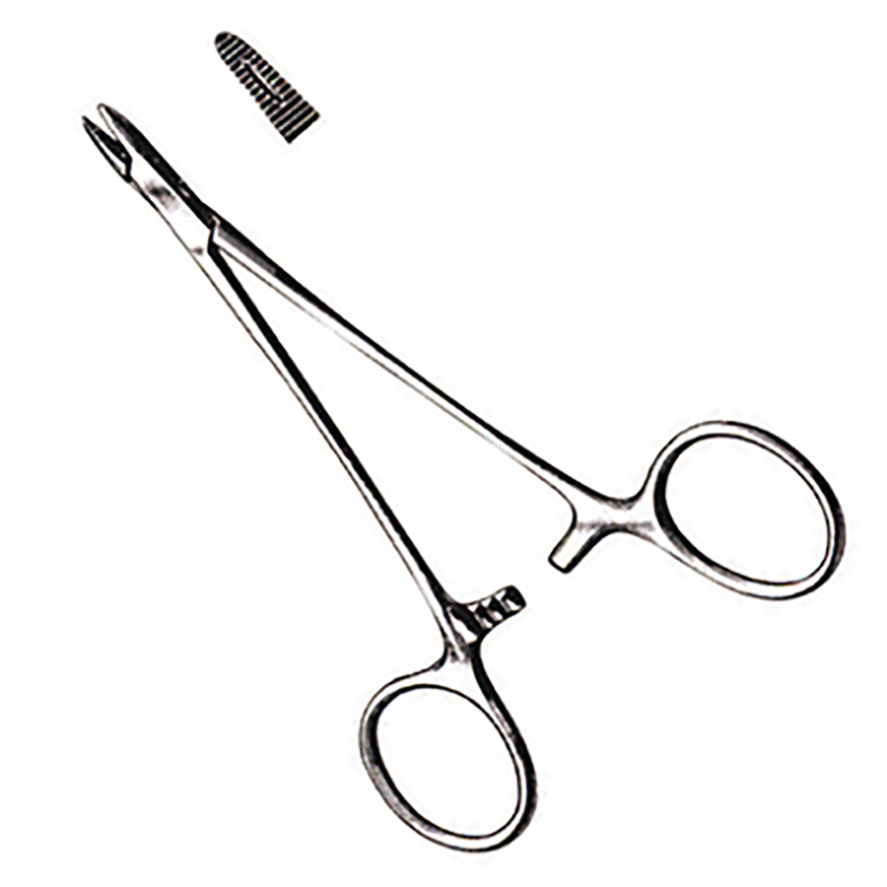 Stainless steel surgical needle holder with serrated jaws and ratchet lock