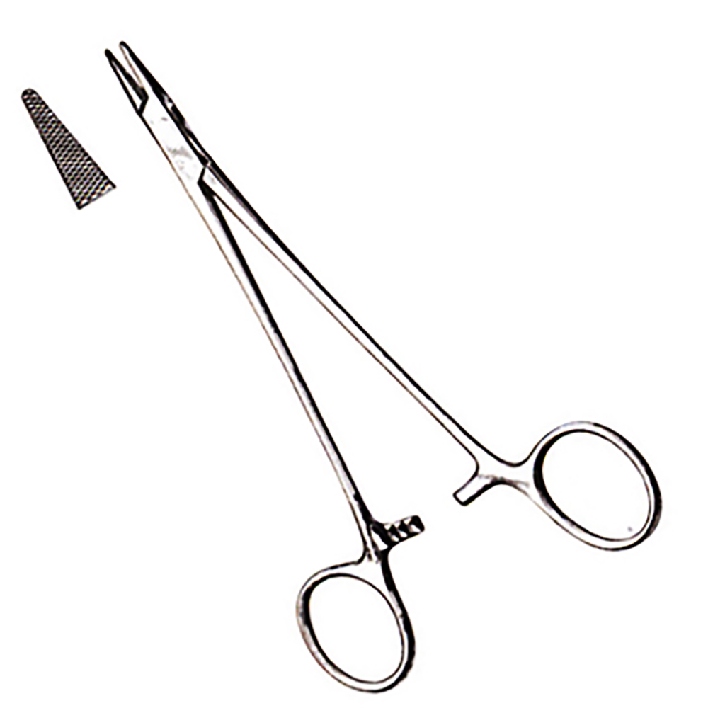 Stainless steel surgical needle holder with serrated jaws and ratchet lock” “Professional surgical needle holder for medical, dental, and veterinary use